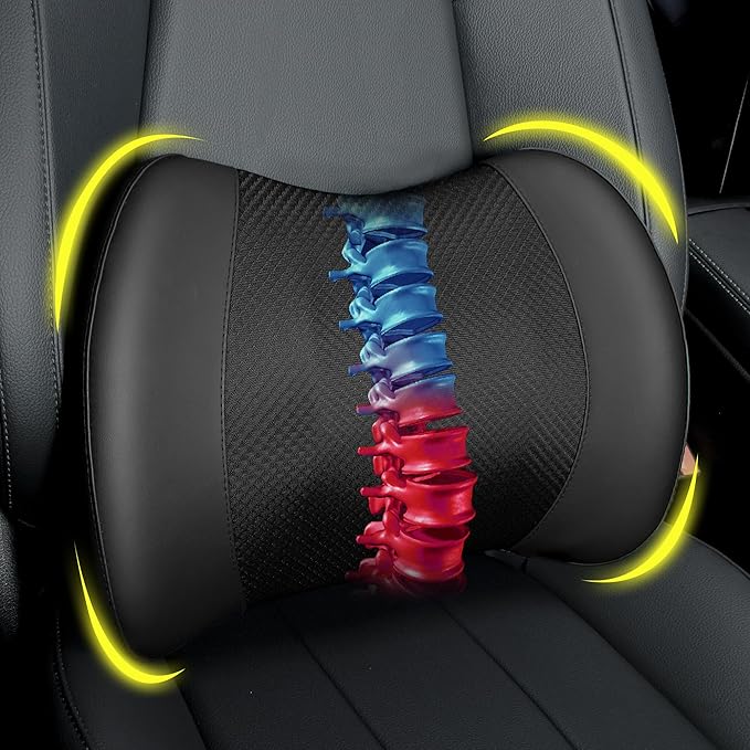 Lumbar Support Pillow for Car, Memory Foam Lumbar Pillow for Lower Back Pain Relief - Back Cushion for Driving, Chair Support for Car-Office Chair, Wheelchair - Black