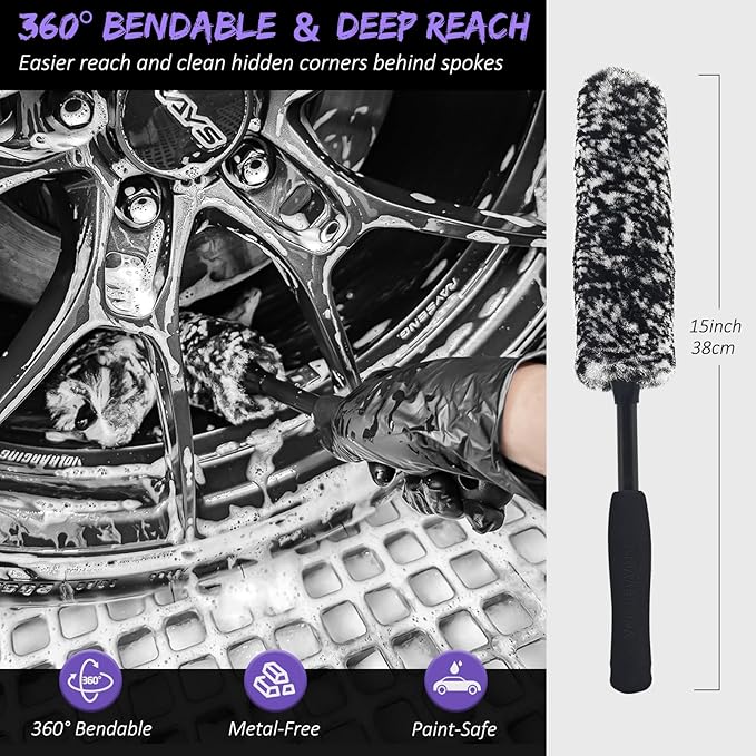 YeewayVeh 6Pcs Car Wheel & Tire Brush Kit, Professional Wheel Detailing Kit with Scratch-Free Rim Brush, Tire Brushes, Detailing Brush, Microfiber Towel & Tire Shine Applicator Pad, Vibrant Purple