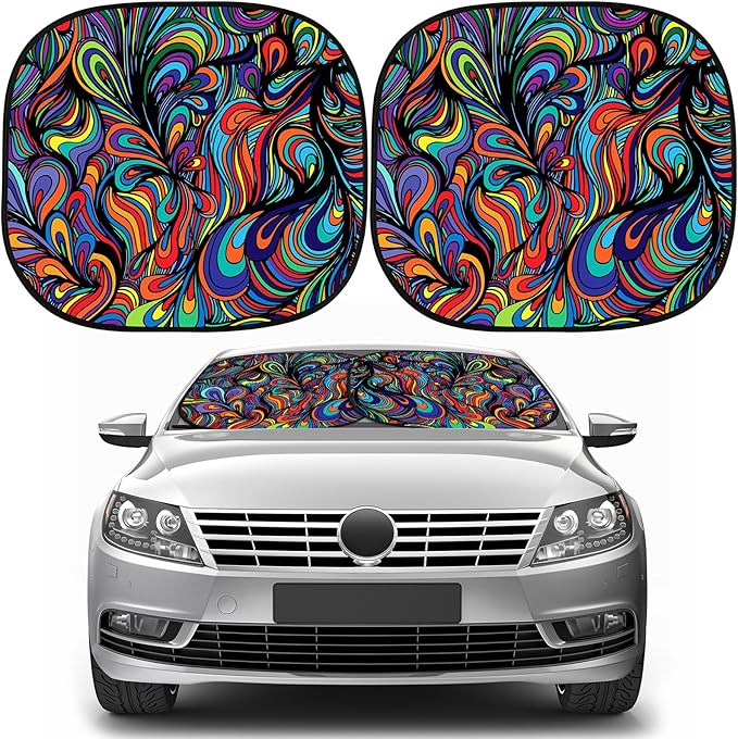 Moukeren 2 PCS Windshield Sun Shade for Car Foldable Window Covers for Car Accessories Reflect UV Sun Heat Protector for Universal Cars SUV Truck RV (Abstract, 31.75 x 28.75 Inch)