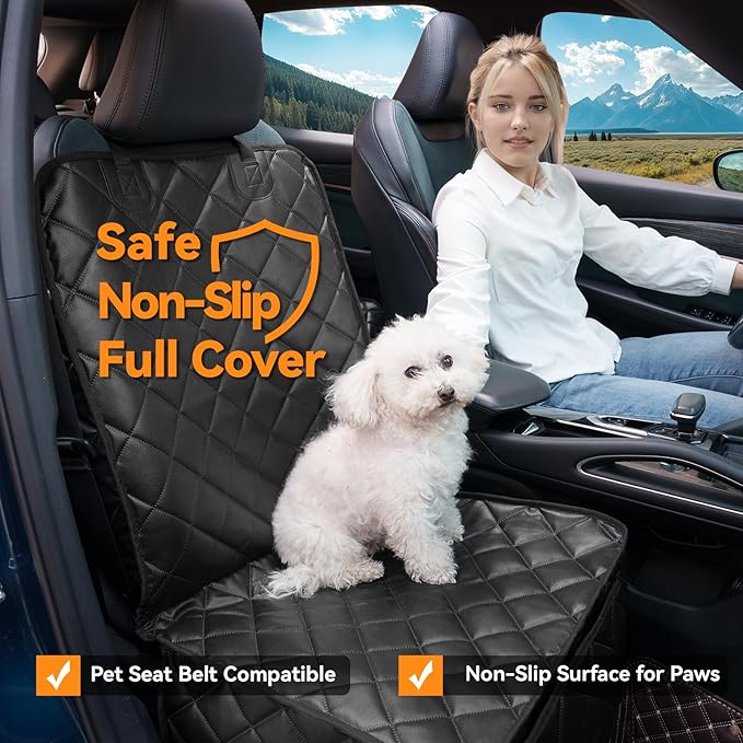 Car Seat Covers for Dogs–Waterproof PU Leather Car Front Seat Cover for Pets & Humans,Scratchproof Captain Seat Protector Fits Most Cars, Trucks, SUVs，Minivans(Black)