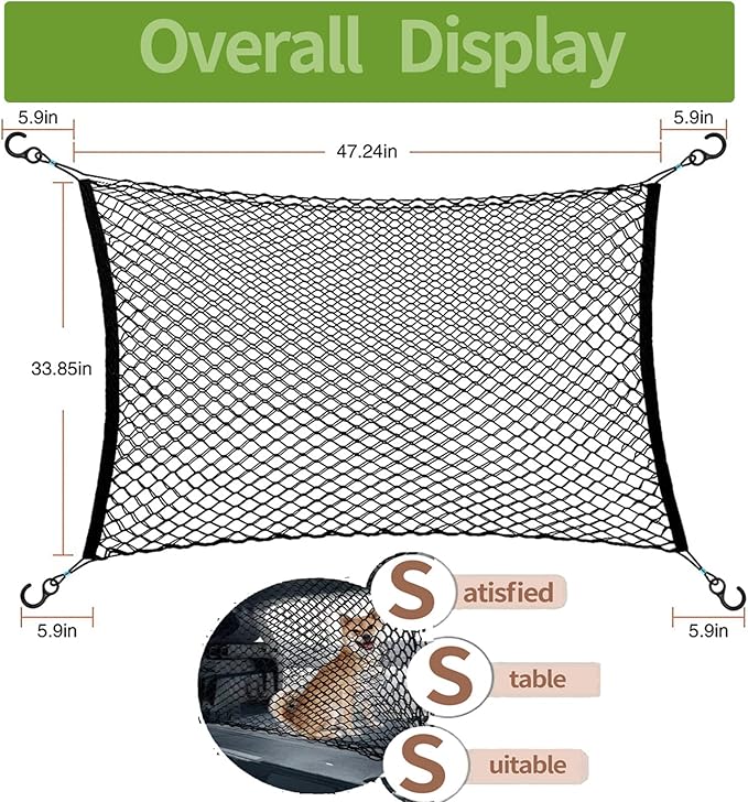 Car Dog Barrier Net, Hook Up Elastic Envelope Luggage Net (47.24" x 33.85") Dual Layer Safety Net for Pet Dog Vehicle Universal Mesh Barrier Guard Blocks Access to Car Front Seats Organiser Bag