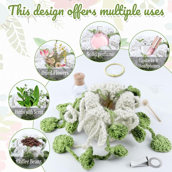 Crochet Car Air Freshener, Cute Crochet Plant for Rear View Mirror, Handmade Car Mirror Hanging Accessories, Plant Botanical Fern Leaf Design with 10ml Refillable Glass Essential Oil Bottle for Home