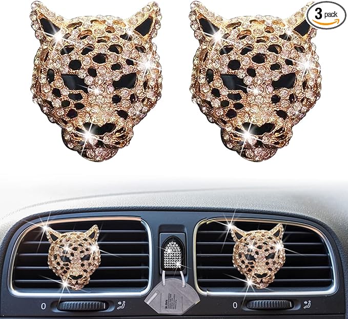2 Pcs Bling Leopard Air Vent Clips, Crystal Leopard Car Air Fresheners Vent Clips Car Diffuser Vent Clip Rhinestone Decoration Interior Decor Diamond Bling Accessories for Women (Golden)