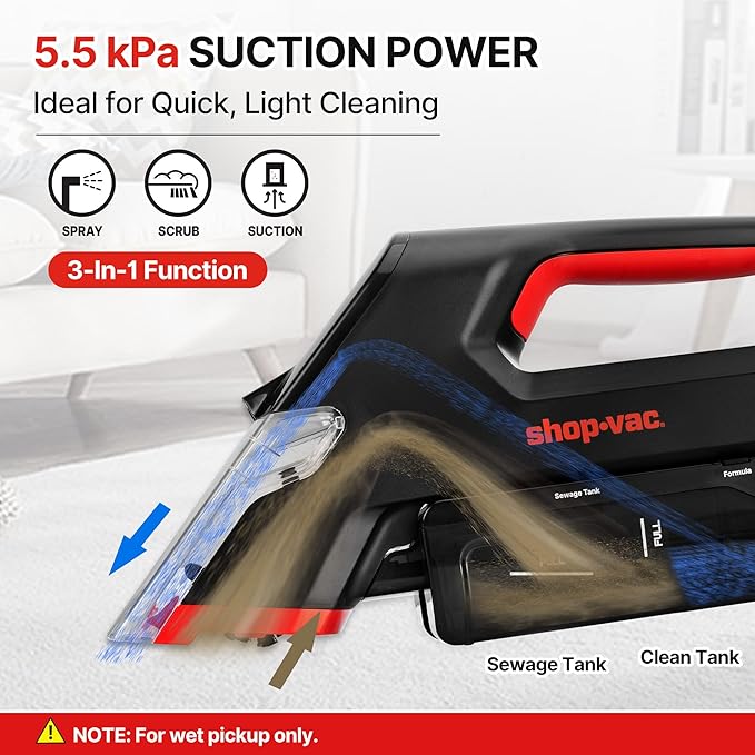 Shop-Vac 3-in-1 Cordless Spot Cleaner, Handheld Upholstery Cleaner with Spray, Rolling Brush and 5.5kPa Suction, 2 Water Tanks, USB-C Rechargeable