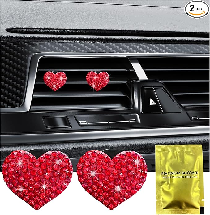 Ziciner 2PCS Bling Heart Car Air Vent Clips Charms, Heart Shaped Crystal Car Air Freshener Vent Clips, Rhinestone Air Conditioning Outlet Clip, Vehicle Decor Accessories for Women Girls (Red)