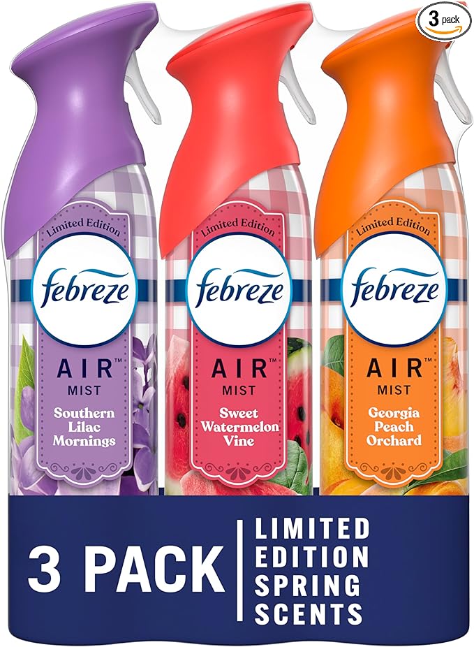 Febreze Air Mist Air Freshener, Odor-Fighting Room, Air Fresheners for Home Bathroom and Kitchen, Spray, Southern Lilac Mornings, Georgia Peach Orchard, Sweet Watermelon Vine Scent, 8.8oz (Pack of 3)