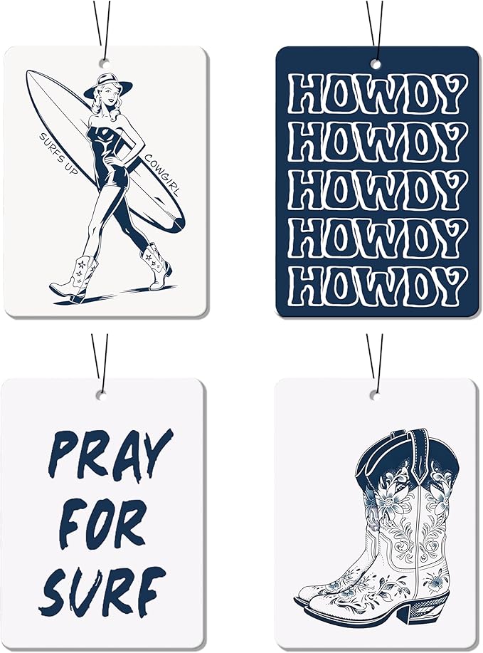 Blue Western Coastal Car Air Freshener 4 Pcs, Preppy Surf Cowgirl Boots Howdy Beach Hanging Air Freshener for Closet Drawer Books, Western Beachy Car Accessories Mirror Decor for Women
