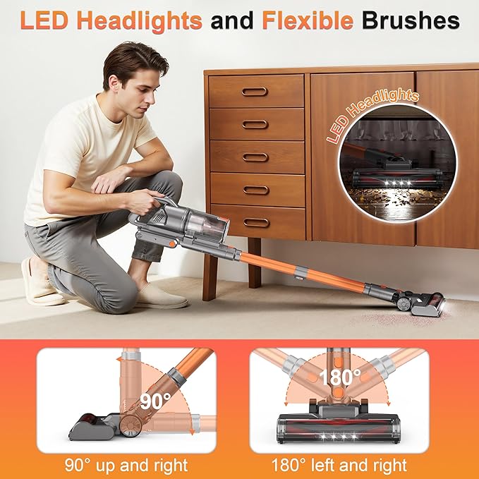Cordless Vacuum Cleaner, 600W 50KPA 55Mins Vacuum Cleaners for Home, Stick Vacuum with LED Display, Anti-Tangle, Wall Mount, Lightweight, Rechargeable Wireless Vacumm for Pet Hair, Carpet and Floor