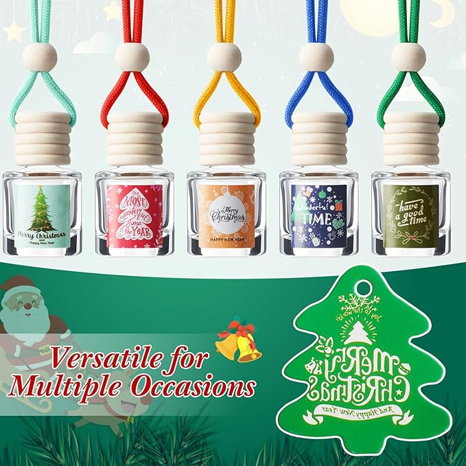 Boao 50 Pcs Christmas Employee Appreciation Gifts Empty Hanging Car Air Freshener Diffuser Bottles Bulk Essential Oil Glass Bottle Pendant with Christmas Tree Cards & Stickers for Perfume Fragrance