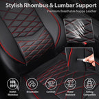 CAR PASS Luxury Nappa Leather Front Seat Covers, Water Resistant 3D Foam Seat Covers with Lumbar Support, Breathable Auto Seat Cover Airbag Compatible Universal Fit for Sedan SUV Van Truck, Black Red