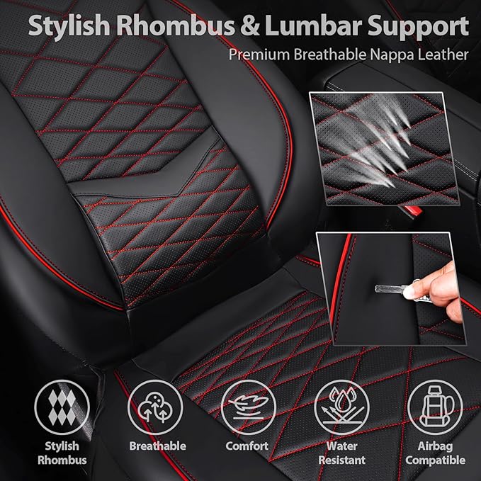 CAR PASS Luxury Nappa Leather Seat Covers Full Set, Water Resistant Faux Leather Seat Cover with Lumbar Support, Breathable Automotive Seat Covers Universal Fit for Sedan SUV Van Truck, Black Red
