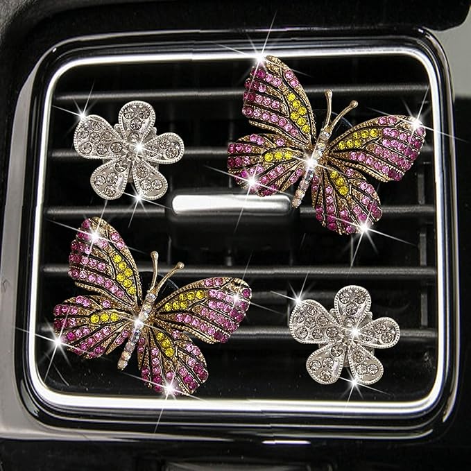 Bling Butterfly Air Vent Clips, 4 Pcs Crystal Daisy Car Air Fresheners, Rhinestone Diamond Flower Car Decoration