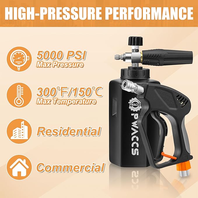 PWACCS Pressure Washer Gun with Foam Cannon, Short Pressure Washer Gun with Swivel, Foam Cannon for Car Wash Gun Kit with 1/4" Quick Connector, 5 Power Washer Nozzle Tips, 1.5 Liter, 5000 PSI