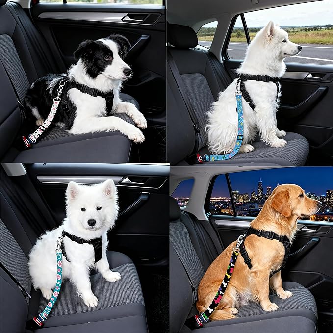 Cute Design 2-Pack Set Adjustable Pet Cat Dog Car Seat Belt, Adjustable Buckle Pet Car Harness Fabric Lanyard from 22 to 38 Inches Seatbelt Leash (Cow Dog -Two Piece in one Set)
