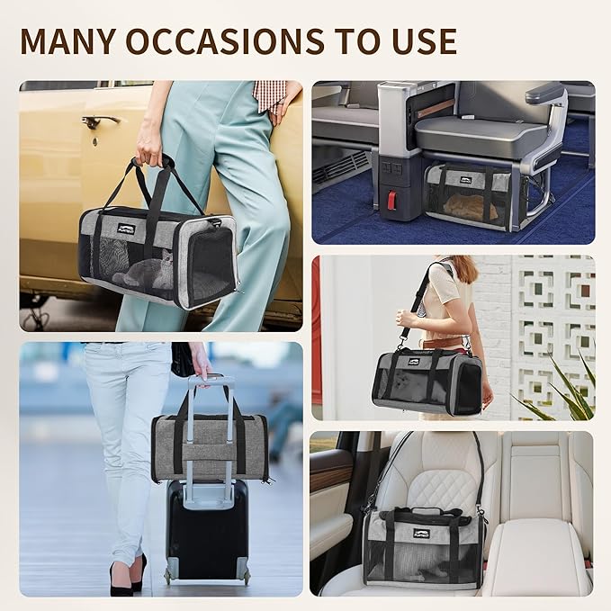 TSA Approved Pet Carrier for Small Cats and Puppies, Soft-Sided and Foldable, Cat and Dog Carrier Fits Pets Up to 15 lbs, Durable Portable Travel Bag with Litter Box (Gray, Litter Box & Leash Set)
