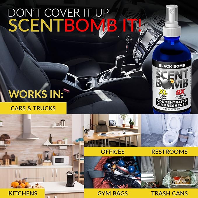Scent Bomb Air Freshener Bundle - 1 oz & 8 oz Bottle Sprays, Vent Clip, Organic Cans, Hanging Circle - Continuous Freshness & Long-Lasting Odor Eliminator for Car, Home, Bathroom - Black Bomb