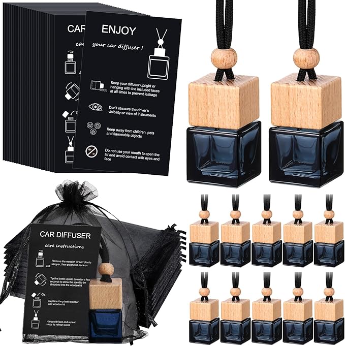 Boao 15 Sets Hanging Car Air Freshener Diffuser Bottles Empty Bulk with Car Diffuser Instruction Cards Organza Bags Glass Refillable Essential Oil Fragrance Aromatherapy Pendant (Square)