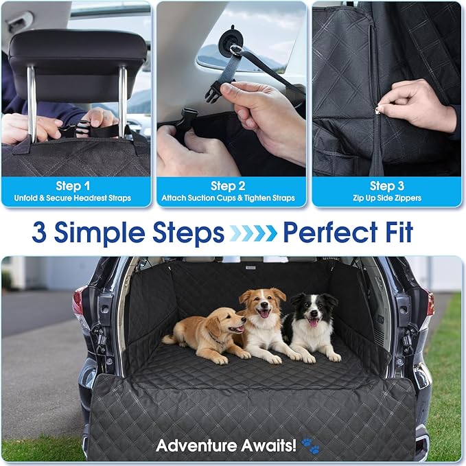 Dog Cargo Liner for Compact SUV - Heavy-Duty 900D Oxford Waterproof Pet Cargo Protector with 3-Sided Zippered All-Round Protection & TPU Suction Cups, Ideal for Dog Travel