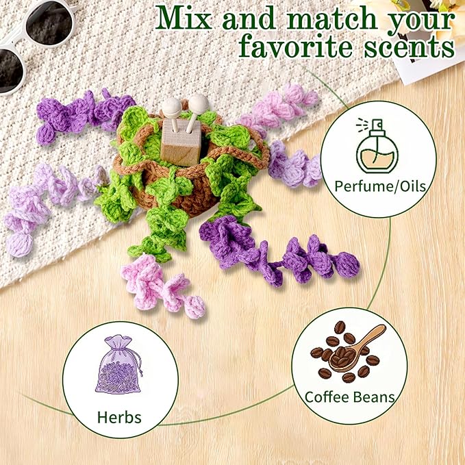 Crochet Car Air Freshener, 8ml Empty Refillable Oil Diffuser Bottle with Hanging Crochet Purple Wisteria Plant & Hanging Tools, Car Rearview Mirror Diffuser for Wall Art & Home & Office Decoration