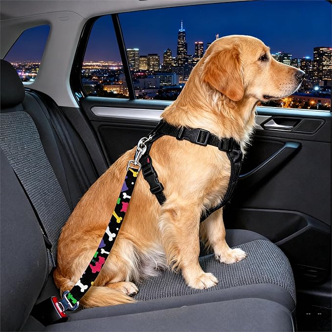 Cute Design 2-Pack Set Adjustable Pet Cat Dog Car Seat Belt, Adjustable Buckle Pet Car Harness Fabric Lanyard from 22 to 38 Inches Seatbelt Leash (Daliy Dog-Two Piece in one Set)