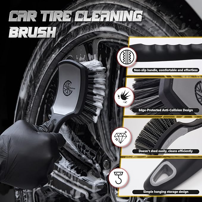 Wheel & Tire Brush Set, 2 Pack Car Wheel Brush & Tire Cleaner Brushes, Soft Bristle Rim Brush and Stiff Tire Scrub Brush, Scratch-Free Wheel Cleaning Kit for Car Detailing, Trucks, SUVs