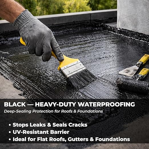 Black Liquid Rubber Waterproof Coating - Industrial Grade Sealer for Foundation & Flat Roof Repair - Heavy Duty Waterproofing Membrane for Concrete, Wood & Metal - UV Resistant - 1 Quart