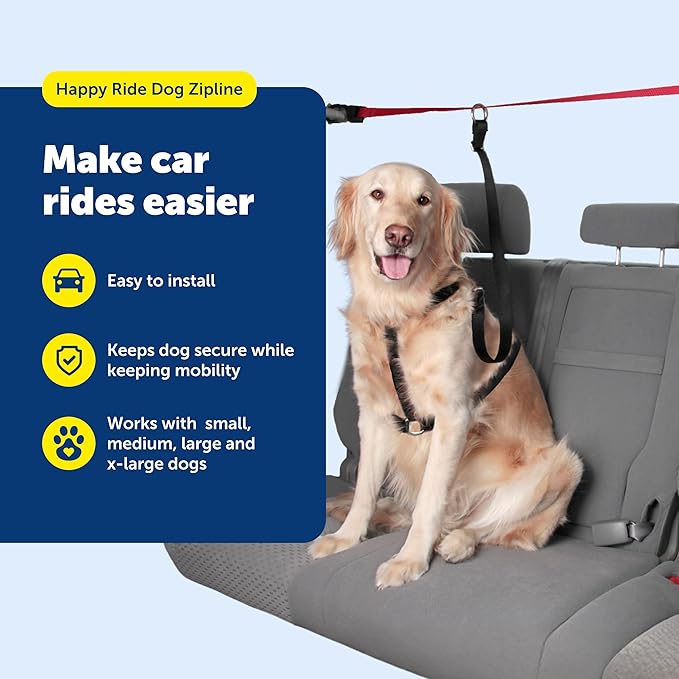 PetSafe Happy Ride Dog Zipline - Secure Backseat Mobility Dog Travel Restraint - Decreases Driver Distraction - Adjustable Strap & Quick-Release Tether Clips - Tool-Free Installation