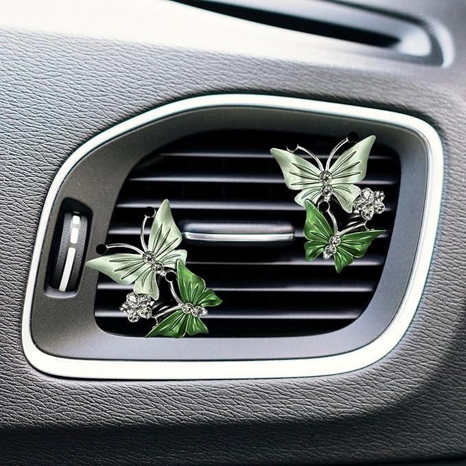 4 Pack Butterfly Car Air Fresheners Vent Clips Cute Air Conditioning Clips Decoration Rhinestone Vent Diffuser Clips Decor (Green)