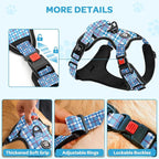 FURRYFECTION Plaid Dog Harness for Small Dogs, Reflective No Pull Adjustable Pet Vest with Front Clip, Leash, Easy Control Handle and Seat Belt, Blue&White, S