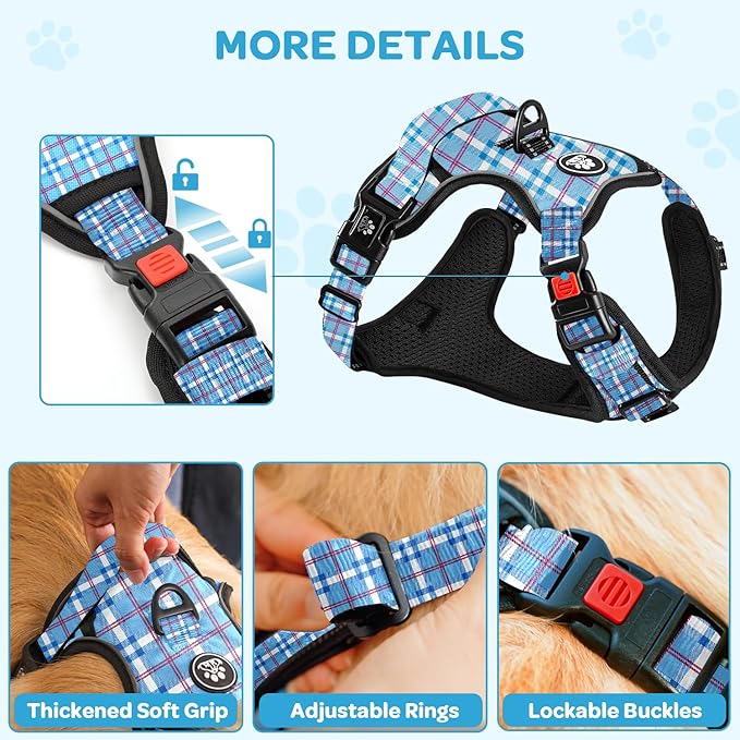 FURRYFECTION Plaid Dog Harness for Medium Dogs, Reflective No Pull Adjustable Pet Vest with Front Clip, Leash, Easy Control Handle and Seat Belt, Blue&White, M