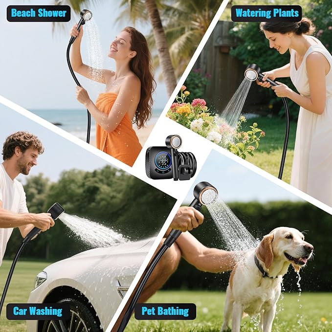 Upgraded Portable Shower with Heater, 1500W Immersion Heated, 8000mAh Rechargeable Camping Shower Pump with LED Display, IPX8 Waterproof Lightweight Outdoor Shower Pump Kit for Hiking