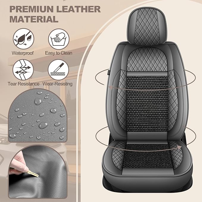 TTX LIGHTING for Hyundai Tucson 2005-2026 Car Seat Covers, Breathable Ice Silk & Leather Seat Protector, Cool & Anti-Sweat for Long Driving, Airbag Compatible, 2 Front Seats (Black&Gray)