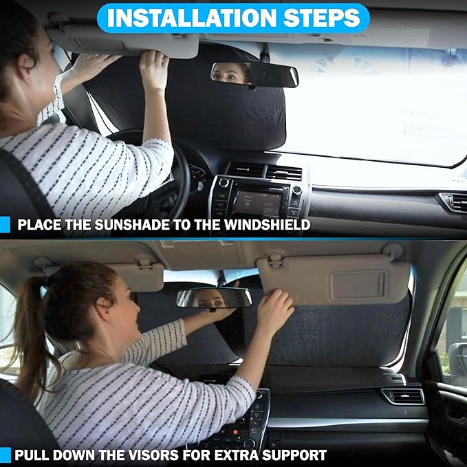 Detachable Truck Windshield Sun Shade | Foldable Sunshade for Front Windshield | Pickup Truck Sun Visor for Heat and UV Protection Premium Reflective & Dual Layer Design - Large 74"x36"