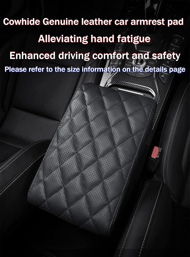 Car Center Console Cover/pad Genuine Leather,Universal Armrest mat, Adjust driving posture Cushion,Protector box,Memory Foam,Real cowhide,Relieves shoulder/arm fatigue,boosting driving safety