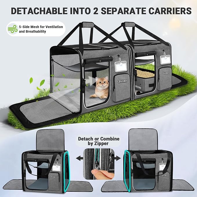 Petskd 2 in 1 Double Cat Car Travel Carrier with Litter Box, 38"x17"x18" Portable Dual Extra Large Cat Carrier for Multiple Cats with Zipper Locks for Moving Across The Country(Grey)