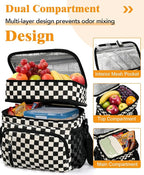 Insulated Lunch Bag for Women, Double Leakproof Lunch Box Soft Cooler Tote with 5 Pockets, 600D Oxford, EVA Lining, Adjustable Strap for Work, Picnic, Beach&Travel- Corduroy Black Checkered