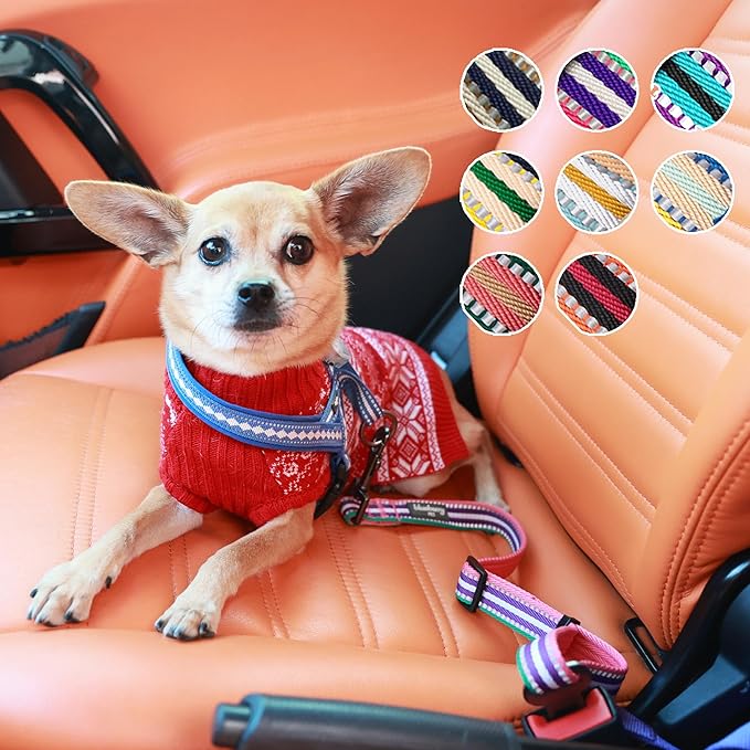 Blueberry Pet 6 Colors 3M Reflective Multi-Colored Stripe Adjustable Dog Seat Belt Tether for Dogs Cats, Yellow and Green, Durable Safety Car Vehicle Seatbelts Leads Use with Harness