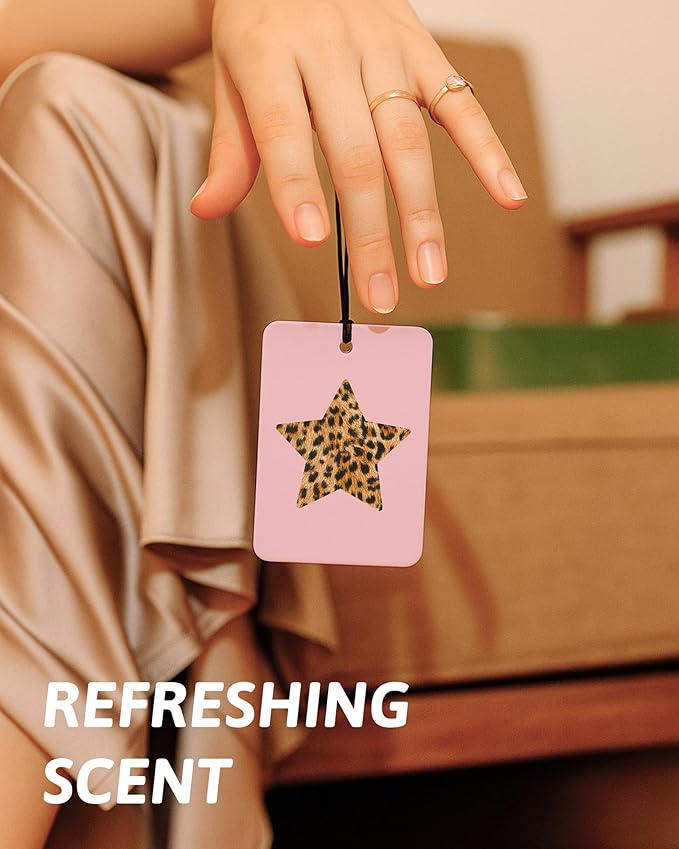 Trendy Leopard Car Air Freshener 4 Pcs, Preppy Pink Cheetah Print Star Lucky 8 Ball Hanging Air Freshener for Cars Closet Drawer Books, Cute Girly Car Accessories Mirror Decor for Women