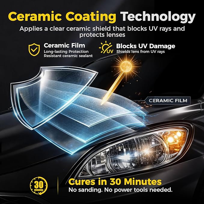 Ceramic Car Headlight Restoration Kit, No Sanding, Removes Yellowing and Cloudiness, Restores Clarity to Like New Look, No Power Tools Needed, Wipe Rinse Coat for Car Truck SUV-2 Pack
