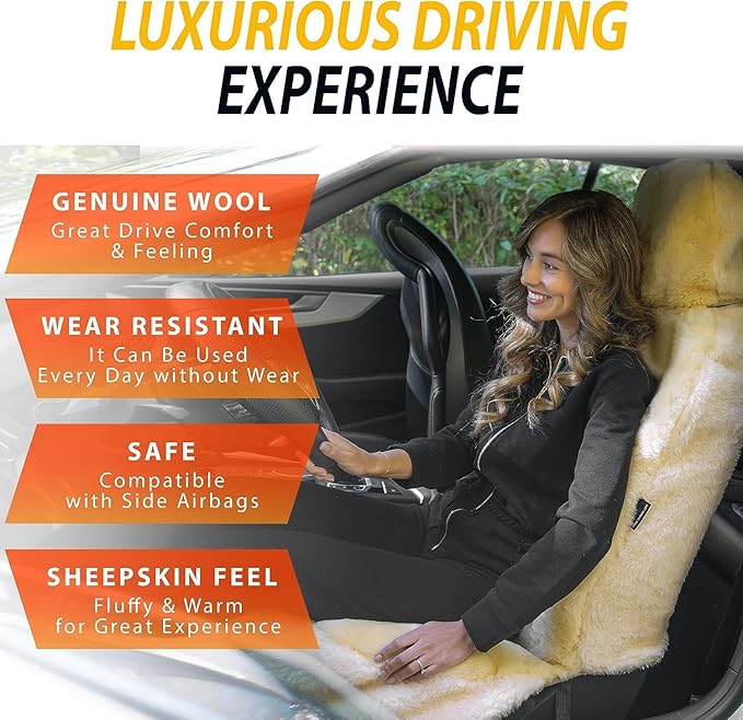ZONETECH Sheepskin Seat Covers Fuzzy Car Seat Covers Ivory Australian Merino Wool Fluffy Fur Auto Accessories All Season Protection for Your Seats Universal Fits Most Car SUV Airbag Compatible 2-Pack