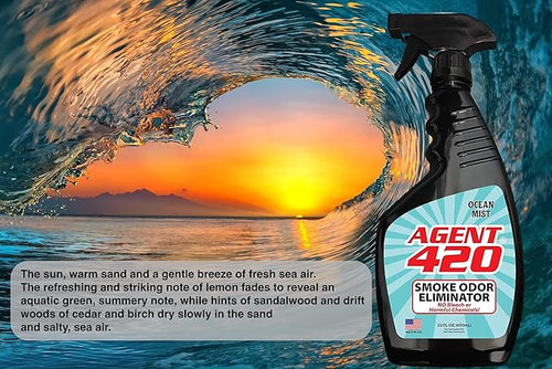 Agent 420 Odor Eliminator Trigger Spray, Ocean Mist, 22 oz — Tea Tree Oil Breaks Down Smoke at the Molecular Level