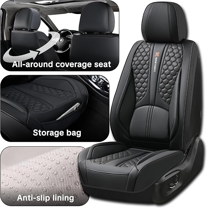 Black Leather Car Seat Covers - Luxury Waterproof Car Seat Covers with Lumbar Support, Non-Slip Base, and Airbag Compatibility; Suitable for Sedans, Suvs, and Pickups.