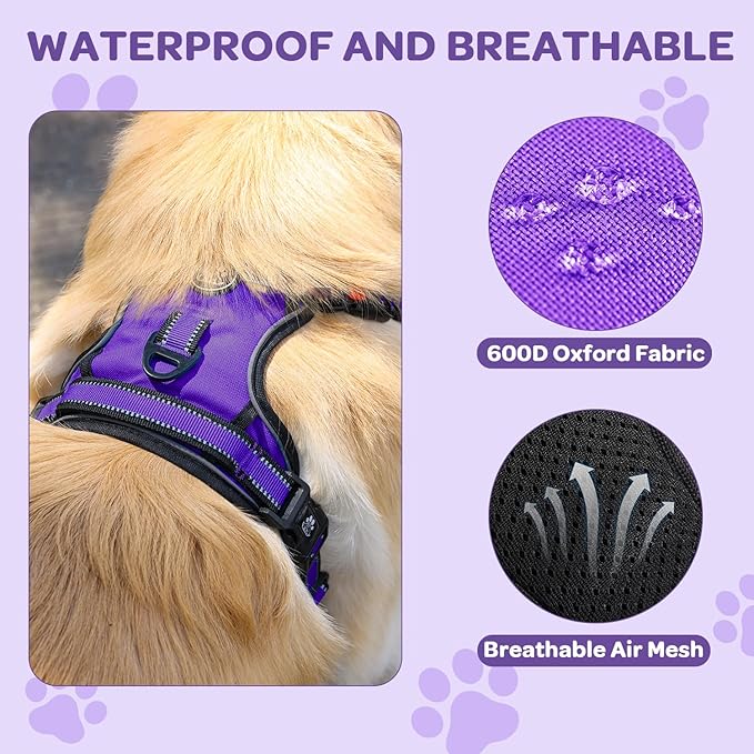FURRYFECTION Plaid Dog Harness for Large Dogs, Reflective No Pull Adjustable Pet Vest with Front Clip, Leash, Easy Control Handle and Seat Belt, Purple, XL