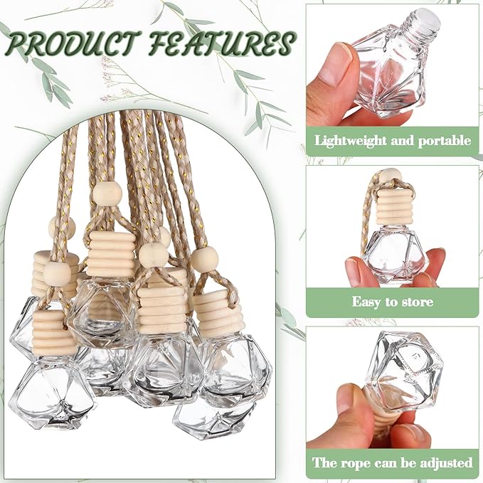 50pcs 8ml Hanging Car Air Freshener Empty Clear Glass Essential Oil Aromatherapy Fragrance Perfume Pendant Glass Vials with Wooden Caps Hanging String Car Diffuser Bottles
