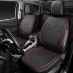 CAR PASS Universal FIT Piping Leather Two Front Seat Covers, Waterproof Faux Leather for SUV Sedan Van Truck, Airbag Compatible,Reserved Opening Holes for Headrest Covers. (Black red)