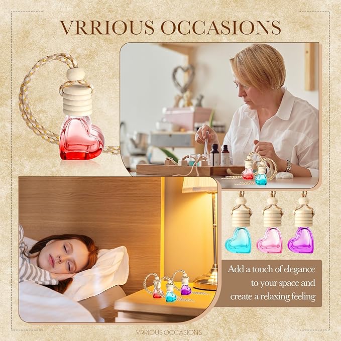 20 Pcs 6ml Hanging Car Diffuser Bottle Empty Glass Perfume Air Freshener Heart Love Bottle Diffuser Pendant Valentine's Day Essential Oil Fragrance Aromatherapy Ornament (Multicolor)