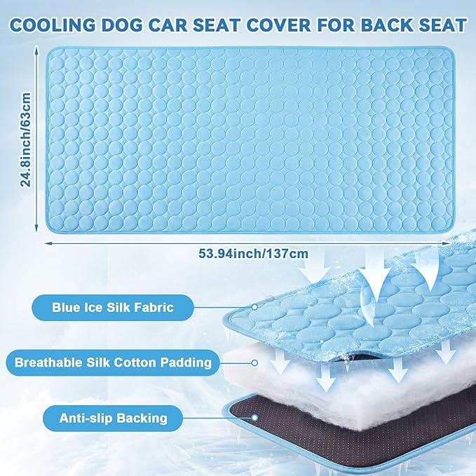54"x24.8" Dog Cooling Mat for Car Back Seat, Ice Silk Pet Bed Mat, Non Slip Summer Cooling Pad for Dogs and Cats, Fits Backseat Extenders Protector, Trucks, Suvs, Indoor & Outdoor (Sky Blue)