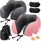 Travel Pillow, 2 Pack Travel Pillows for Sleeping Airplane, Neck Pillow Airplane, Memory Foam Neck Pillow Set with Eye Mask, Earplugs and Storage Bag -Grey & Pink