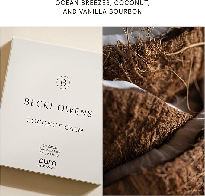 Pura and Becki Owens - Pura Car Scent Refill - Fragrance for Car Diffuser - Clean & Safe Luxury Diffuser Scent - Long-Lasting Fragrance for 30 Days of Aroma - Coconut Calm
