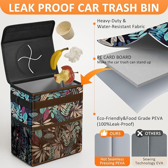 3 Gallons Car Trash Can with Lid, Bag Bin Hanging Waterproof Automotive Car Garbage Cans Leak Proof Vehicle Trash Can for Truck SUV,Colorful Leaves